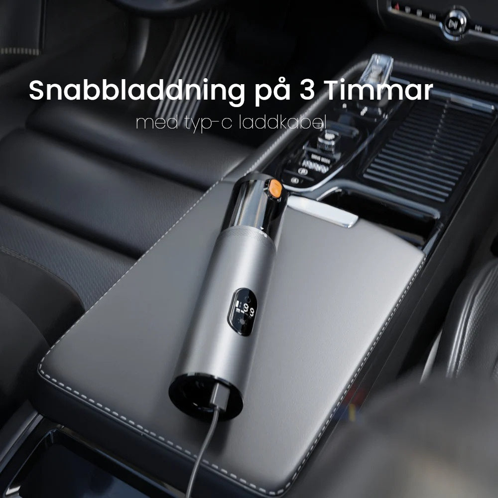 Bildammsugare med snabbladdning och kan lätt laddas i bilen med cigarettuttaget så att dammsugaren alltid är redo
